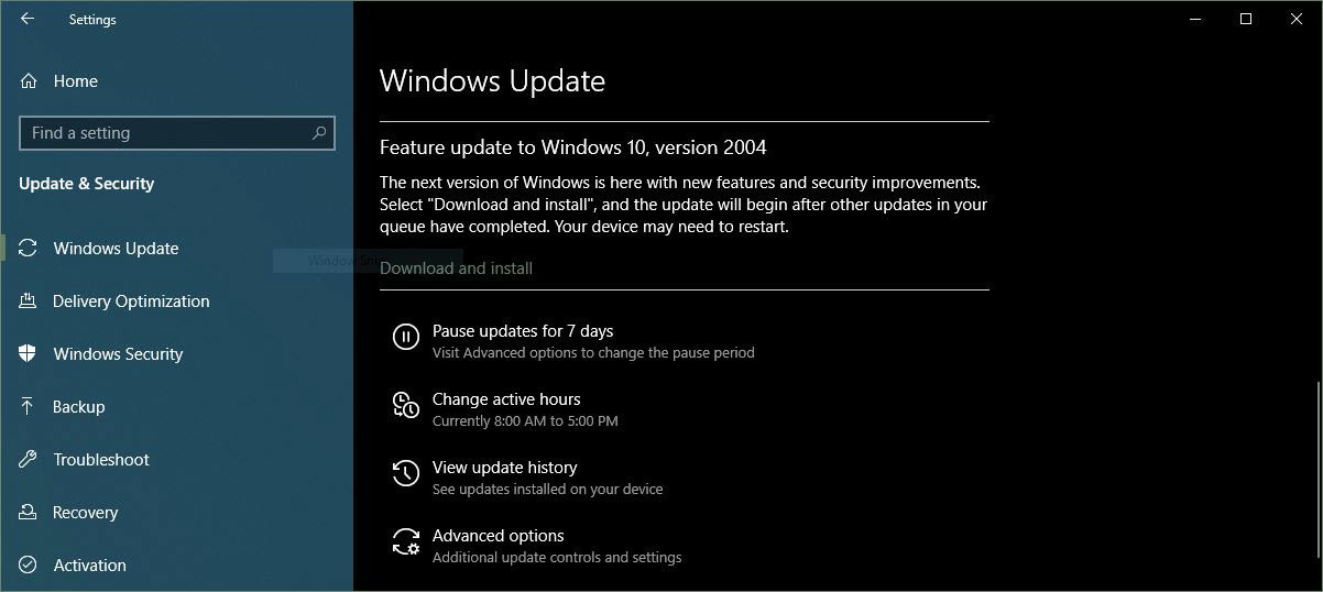 Windows 10 Build 2004 Update Screen
